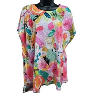 Jess & Jane Sangria Light Knit Top Chiffon Asymmetric Contrast L Vibrant Floral